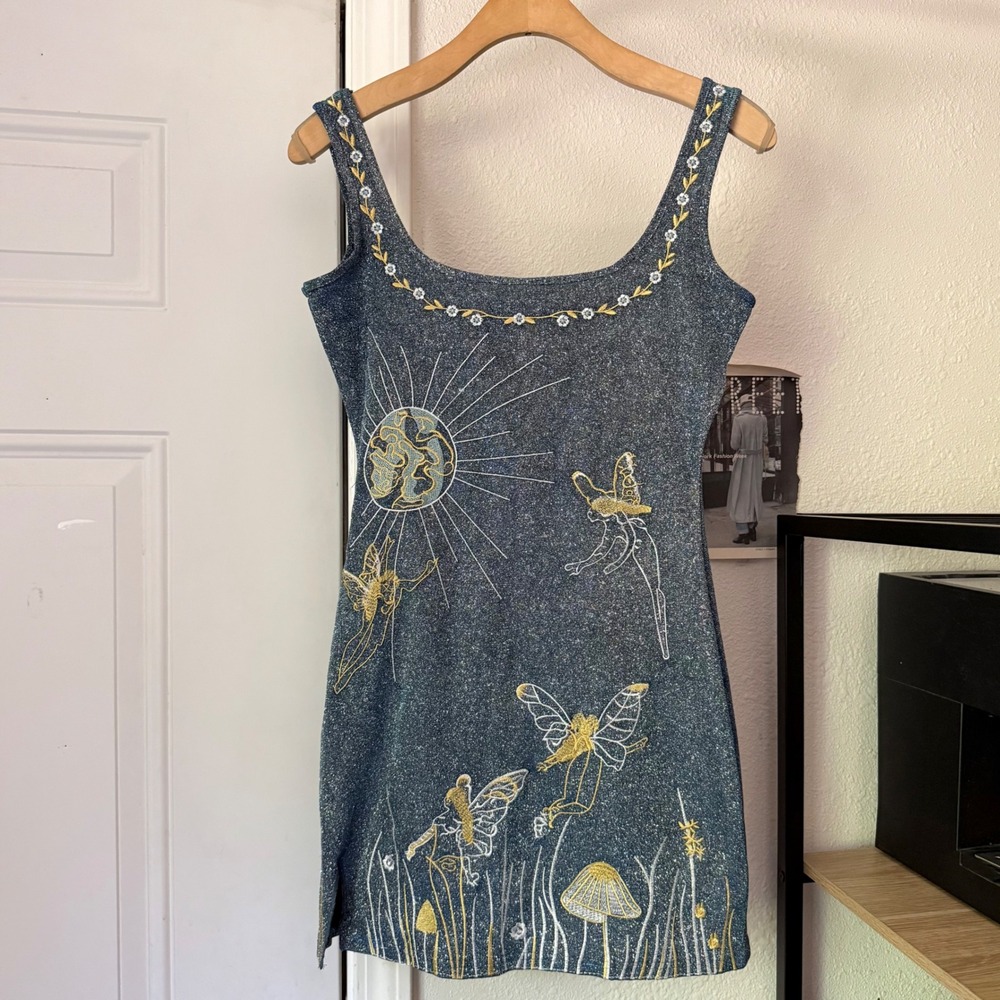EGO Australia blue glitter metallic faerie fairy cottage embroidered mini dress